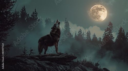 Dramatic image of a wolf howling on a rocky terrain under a full moon, focusing on the wild and untamed nature of the animal © enterdigital