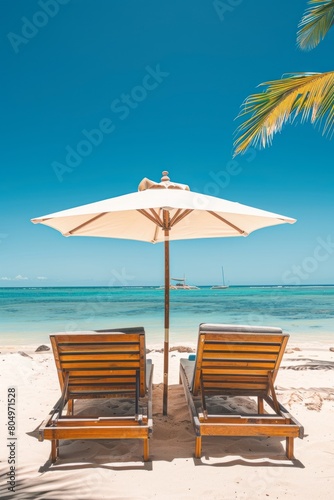 Two wooden deck chairs are under the parasol. Sunny summer day on the beach. © AI Studio