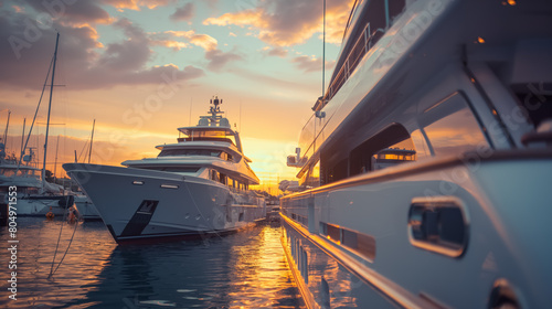 Sunset casts golden hues over luxury yachts docked in a tranquil marina  reflecting off the calm waters.