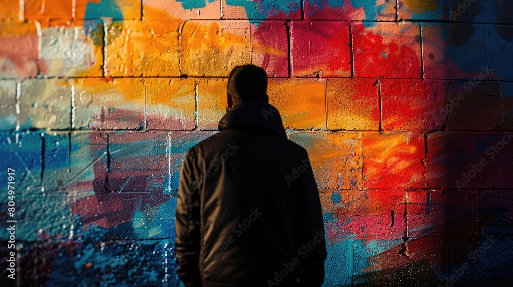 Street Art Silhouette Against a Vivid Graffiti Wall