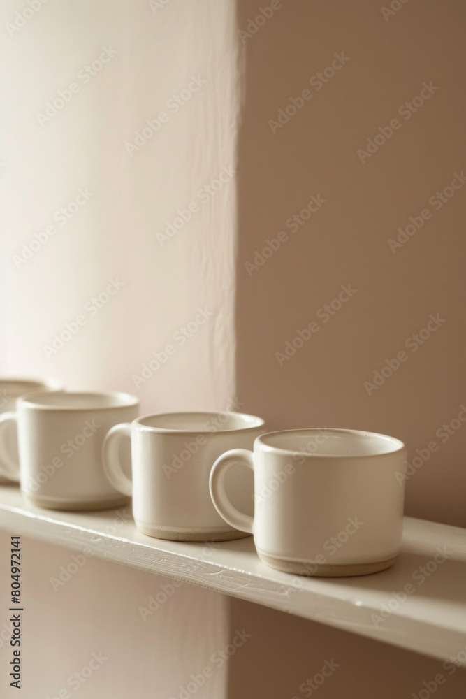 A series of minimalist ceramic or porcelain mugs with clean lines and matte finishes, arranged in a row on a solid-colored shelf, inviting relaxation and indulgence with every sip. A series of minimalist ceramic or porcelain mugs with clean lines and matte finishes, arranged in a row on a solid-colored shelf, inviting relaxation and indulgence with every sip.