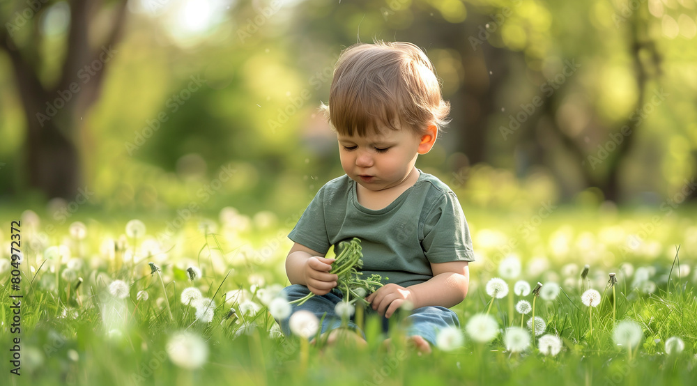 A charming scene featuring a cute little boy dressed in a green shirt and blue pants sitting on the grass, delicately holding a dandelion flower. The backdrop showcases a spring nature setting A charming scene featuring a cute little boy dressed in a green shirt and blue pants sitting on the grass, delicately holding a dandelion flower. The backdrop showcases a spring nature setting