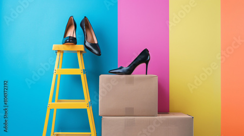 Step ladder with cardboard box and highheeled shoes  photo