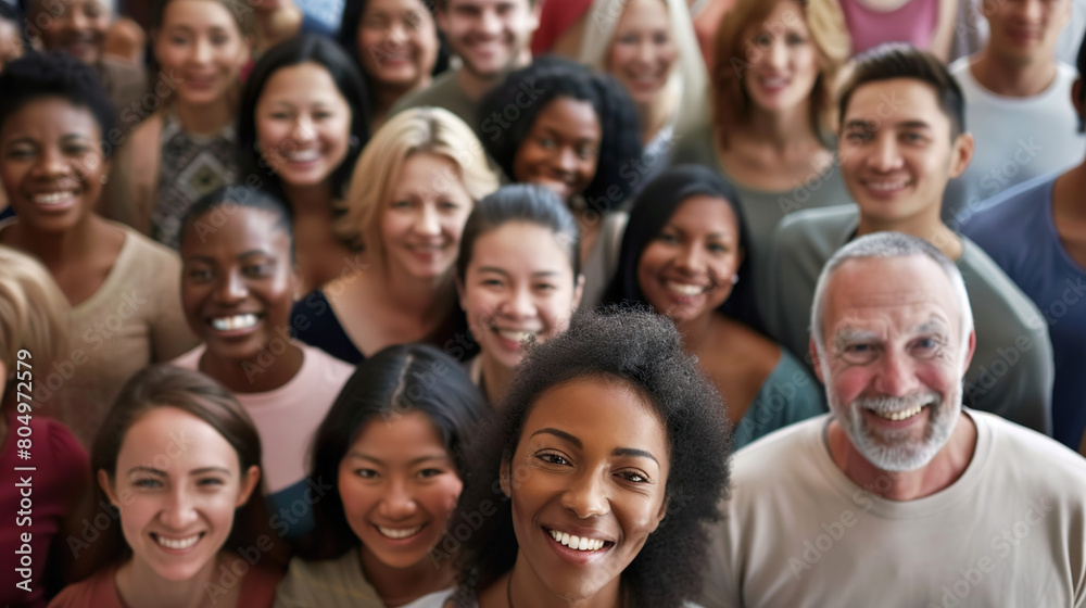 From directly above multi ethnic large group of people looking at camera From directly above multi ethnic large group of people looking at camera
