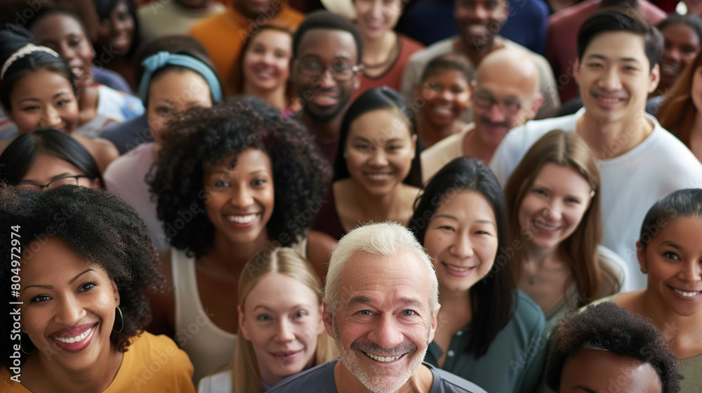 From directly above multi ethnic large group of people looking at camera From directly above multi ethnic large group of people looking at camera