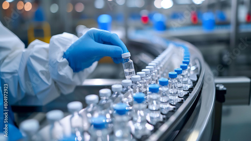 Technician Adjusting Vials on Pharmaceutical Assembly Line