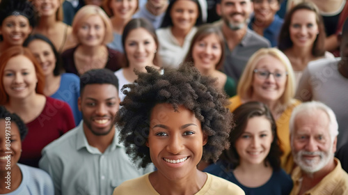 From directly above multi ethnic large group of people looking at camera