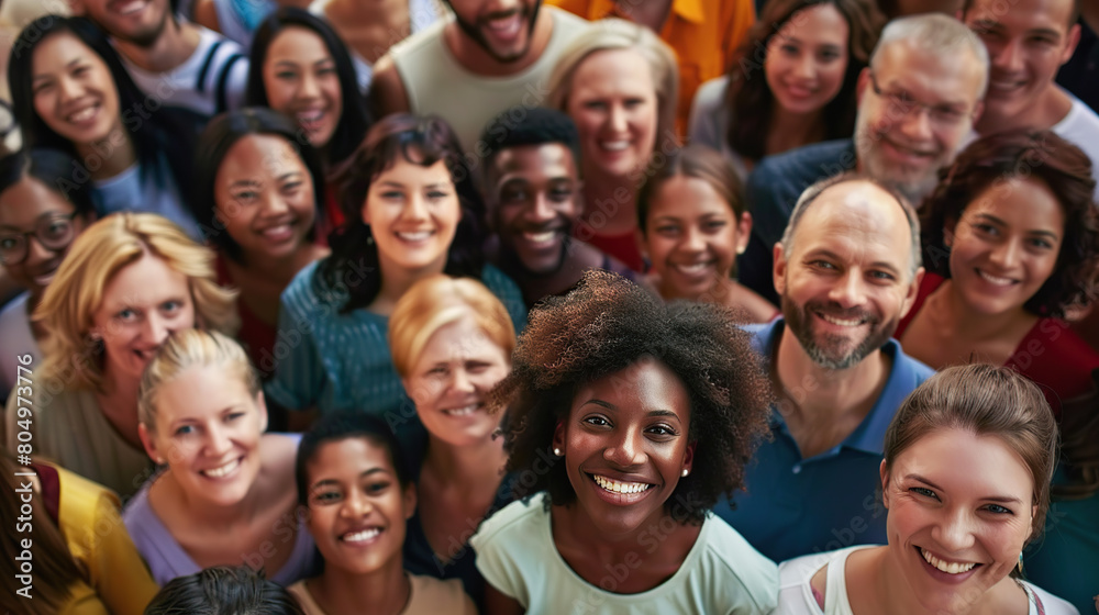 From directly above multi ethnic large group of people looking at camera From directly above multi ethnic large group of people looking at camera