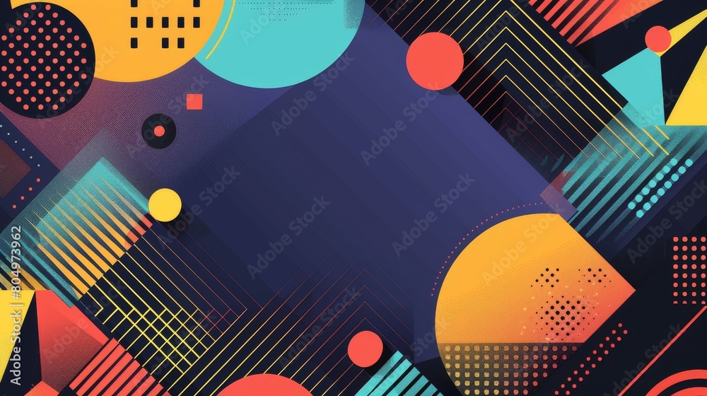 A vibrant abstract geometric background with a mix of patterns and shapes
