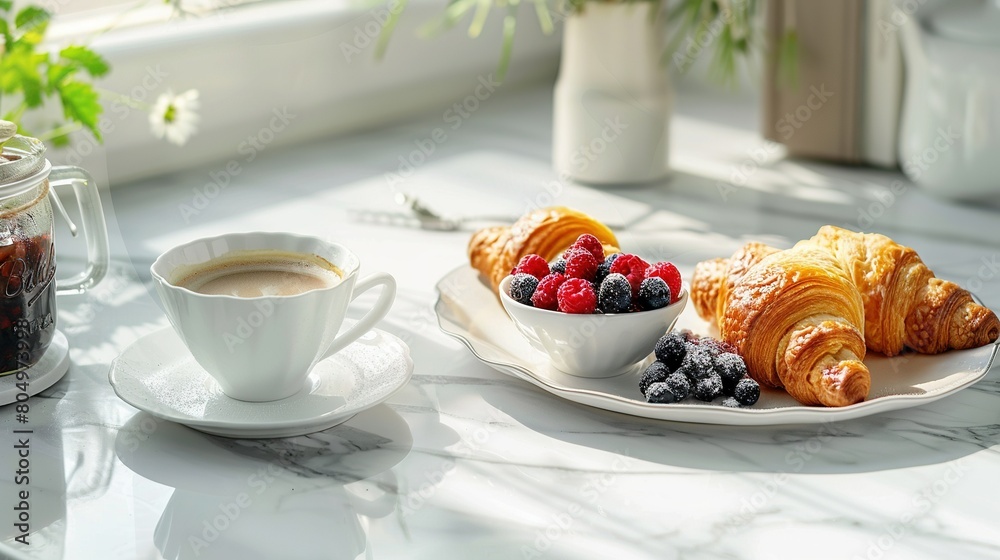 A photograph capturing an elegant continental breakfast setup on a white marble countertop, with a focus on a glossy ceramic cup of espresso, a plate with freshly baked croissants A photograph capturing an elegant continental breakfast setup on a white marble countertop, with a focus on a glossy ceramic cup of espresso, a plate with freshly baked croissants