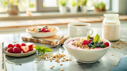 A photograph capturing a healthy breakfast scene with coffee, granola, yogurt, and a colorful smoothie bowl, set on a modern kitchen island with minimalist design photo