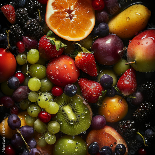 Overhead Shot with visible Water Drops. Close up of assorted fruit.