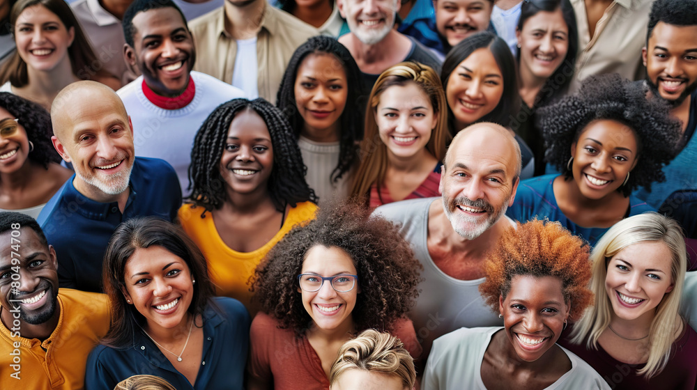 From directly above multi ethnic large group of people looking at camera From directly above multi ethnic large group of people looking at camera