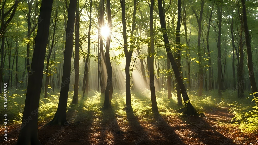 Obraz premium A forest with trees and sunlight shining through the leaves