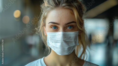 Close-up of a young Caucasian woman with blue eyes, wearing a white medical face mask, indoors with a blurred background.