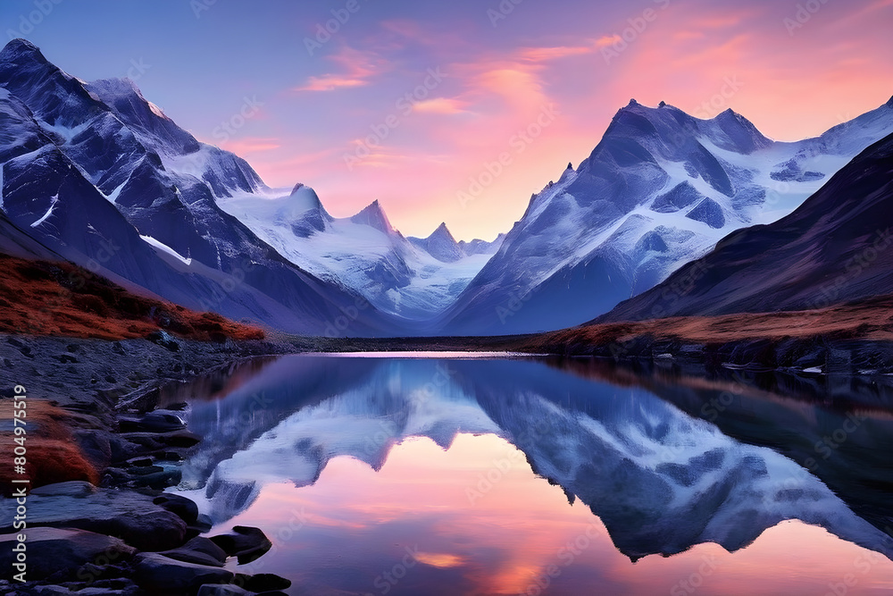 A majestic mountain landscape with snow-capped peaks reflecting in a crystal-clear lake at sunrise. The sky is painted in soft pastel hues of pink, orange, and purple. The mountains are rugged and imp