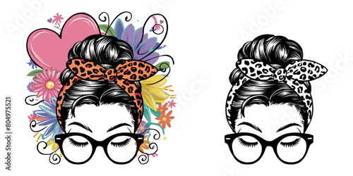 2024 mother day motherhood vector design, messy bun hair mama wildflowers illustrastion with leopard patteern