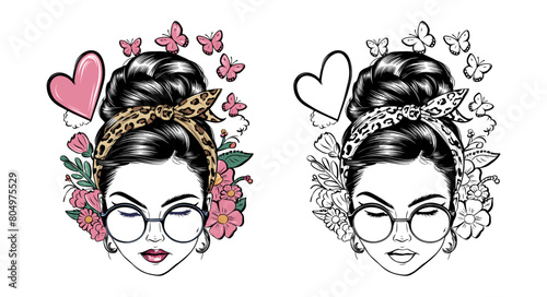 2024 mother day motherhood vector design, messy bun hair mama wildflowers illustrastion with leopard patteern