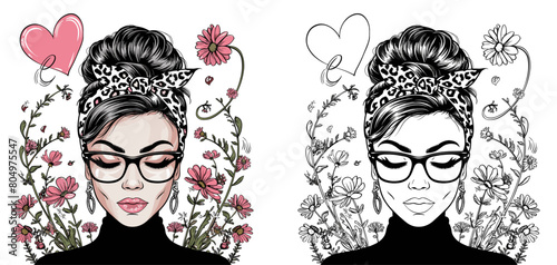 2024 mother day motherhood vector design, messy bun hair mama wildflowers illustrastion with leopard patteern
