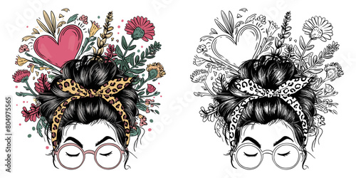 2024 mother day motherhood vector design, messy bun hair mama wildflowers illustrastion with leopard patteern
