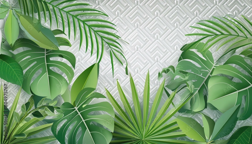 3d white green geometric floral tropical leaves wall texture for modern interiors.