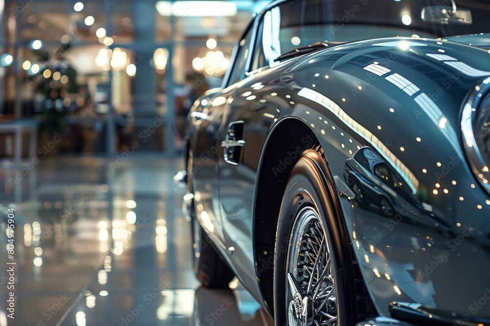 Closeup of the polished details and highquality finish of a car in a showroom, showcasing superior craftsmanship and aesthetics