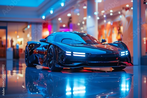 Sleek new sports car showcased under dramatic lighting in a modern showroom, highlighting cuttingedge design and desirability photo