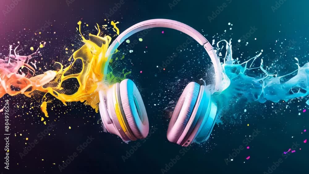 Headphones with colorful musical sound waves splashing on a dark background. Good for podcast, radio, broadcast banner. A bright explosion of colorful paint symbolizing music and joy.