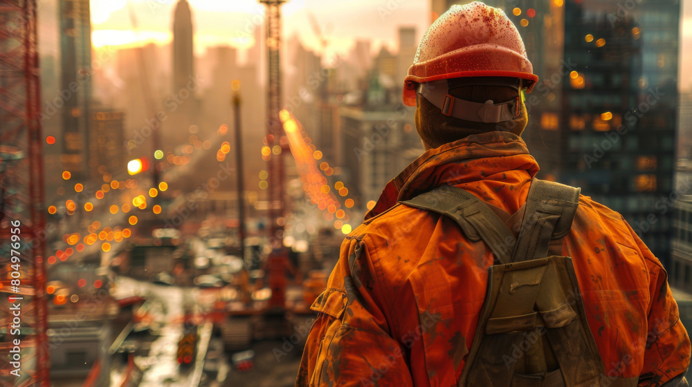 A construction worker in orange safety gear stands overlooking a bustling cityscape at sunset.