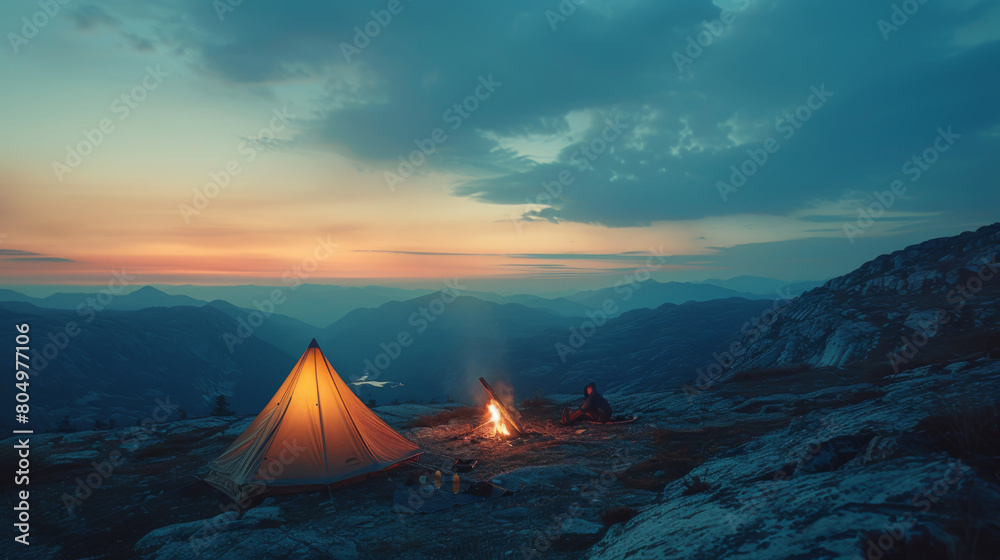 A peaceful camping scene with a glowing tent and campfire in a mountain range during a sunset.
