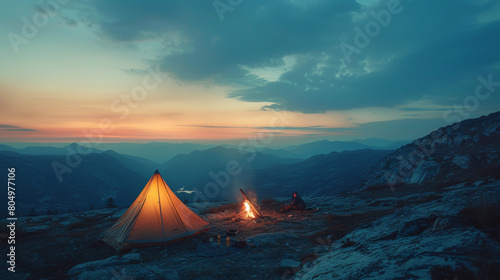 A peaceful camping scene with a glowing tent and campfire in a mountain range during a sunset.