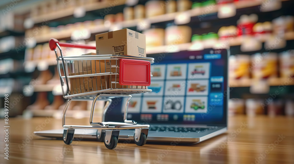 Online shopping concept with cart full of boxes on top of laptop computer Online shopping concept with cart full of boxes on top of laptop computer