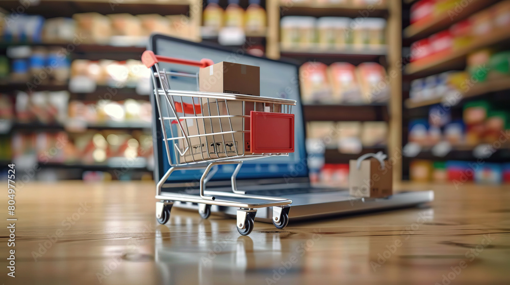 Online shopping concept with cart full of boxes on top of laptop computer Online shopping concept with cart full of boxes on top of laptop computer