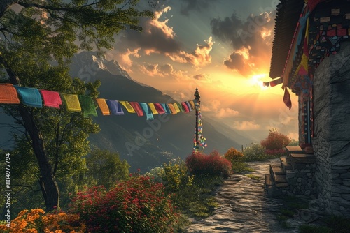 Sunrise illuminates a Himalayan temple and vibrant prayer flags, with the majestic snow-capped mountains creating a breathtaking backdrop. A tranquil monastery high in the mountains. Resplendent.