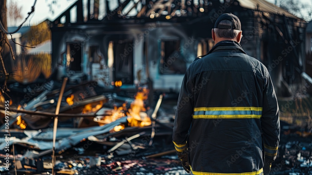 Fire investigator examining the aftermath of a house fire, detective work and analysis Fire investigator examining the aftermath of a house fire, detective work and analysis