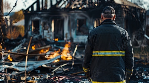 Fire investigator examining the aftermath of a house fire, detective work and analysis