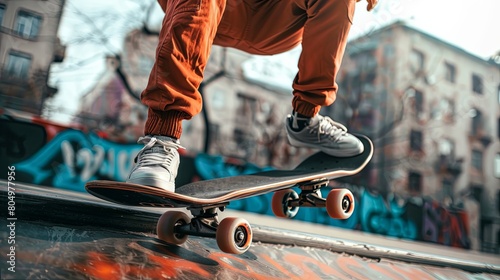 Skateboarder doing tricks in a city skate park, youthful and urban, alternative transport