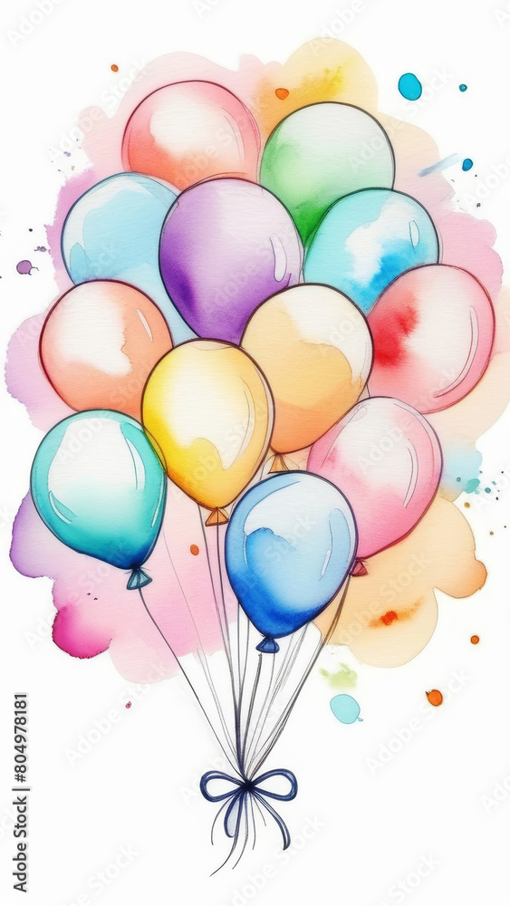 A cheerful illustration of a bouquet, a fountain of bright colored balloons in a watercolor style. White background.