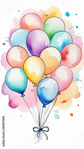 A cheerful illustration of a bouquet  a fountain of bright colored balloons in a watercolor style. White background.