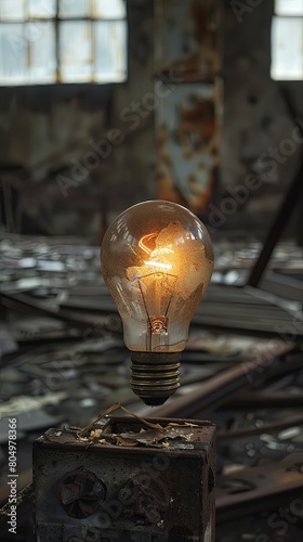 A burntout lightbulb in an abandoned factory, epitomizing faded ideas and lack of innovation , high definition photo