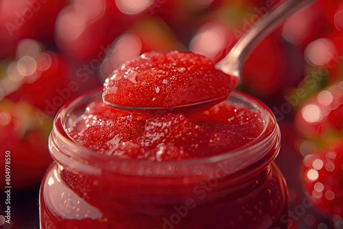 Strawberry jam. Spoon scooping homemade strawberry jam from a glass jar surrounded by fresh strawberries. photo