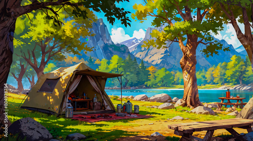 Serene Lakeside Camping Scene with Lush Greenery and Mountain Backdrop