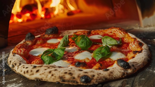 A classic Neapolitan pizza with a perfectly charred crust, fresh basil, and molten mozzarella, capturing the essence of Italian cooking , high definition
