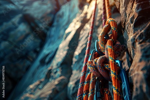 A climbing rope and harness hanging near a challenging rock face, depicting preparation and the attempt to overcome physical limits , high definition photo