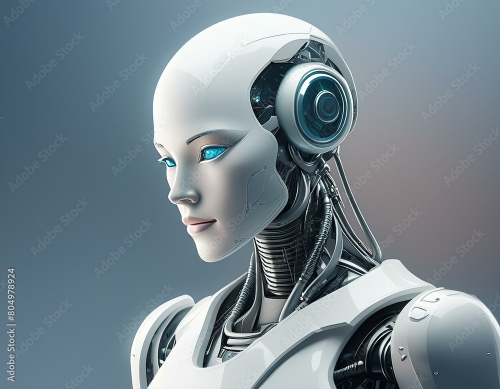 Futuristic white ai humanoid robot portrait with copy space, technology concept. Futuristic white ai humanoid robot portrait with copy space, technology concept.