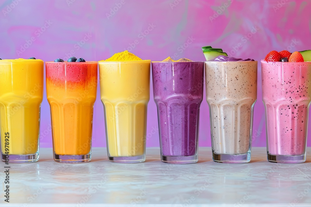 Fototapeta premium A row of colorful, freshly blended smoothies in clear glasses, lined up against a bright background, symbolizing variety in healthy diet choices , 4k
