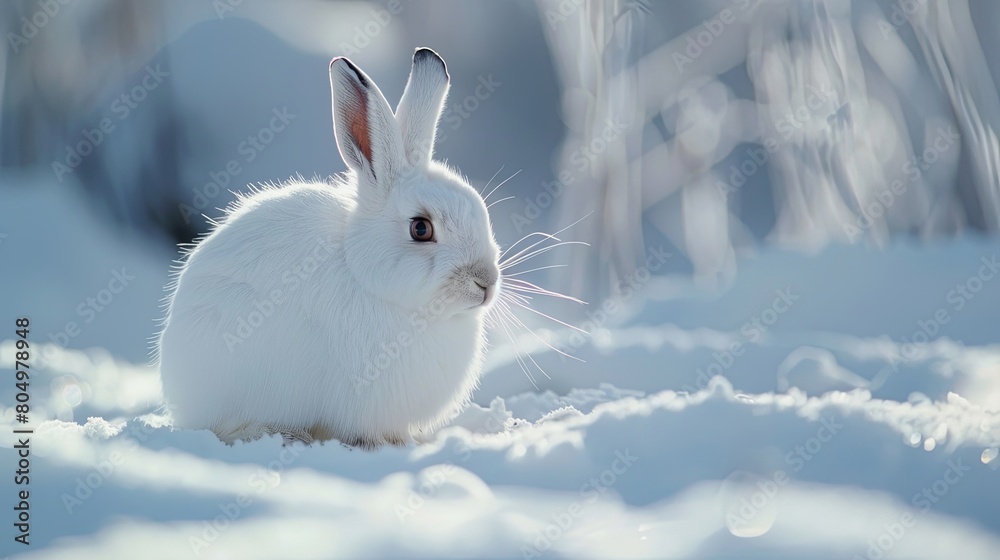 A snowshoe hare in its white winter coat against a snowy landscape, illustrating seasonal camouflage for survival , high definition A snowshoe hare in its white winter coat against a snowy landscape, illustrating seasonal camouflage for survival , high definition