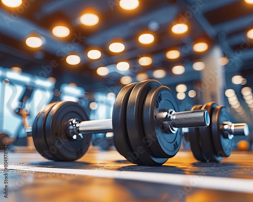 A set of dumbbells neatly aligned in a gym, with a clean, welllit setting, promoting strength training and fitness , macro