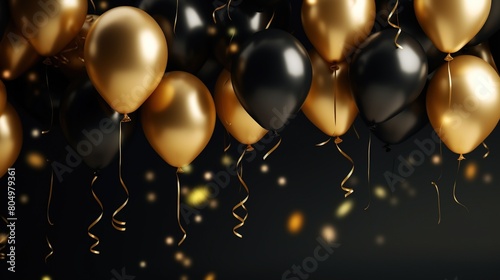 Black and golden balloons with gold glitter in the dark room. Happy birthday, party and event celebration background.