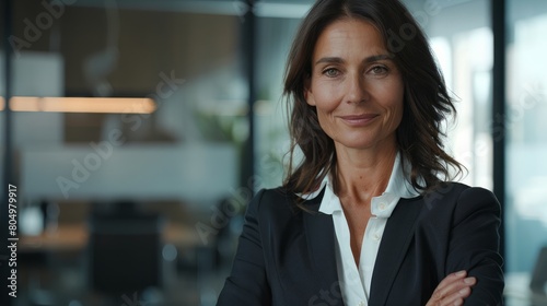 Confident mid aged Latin professional business woman corporate leader, happy mature female executive, elegant lady manager of middle age standing in office - generative AI, fiction Person